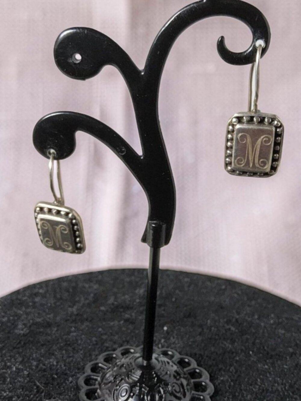 Vintage Thailand  Monogram "M" Sterling Silver Square Drop Earrings